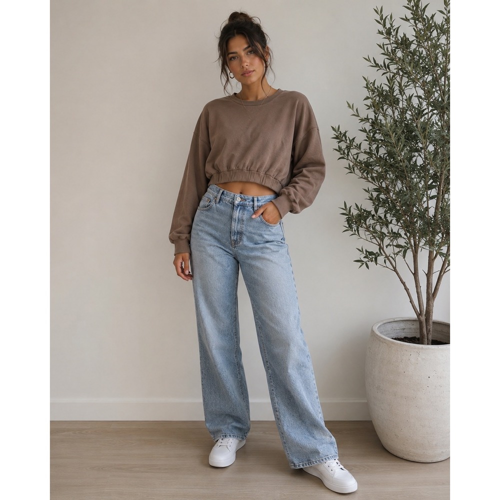Y2K Zara Cropped Sweatshirt Women L Brown Pullover Crewneck lounge streetwear